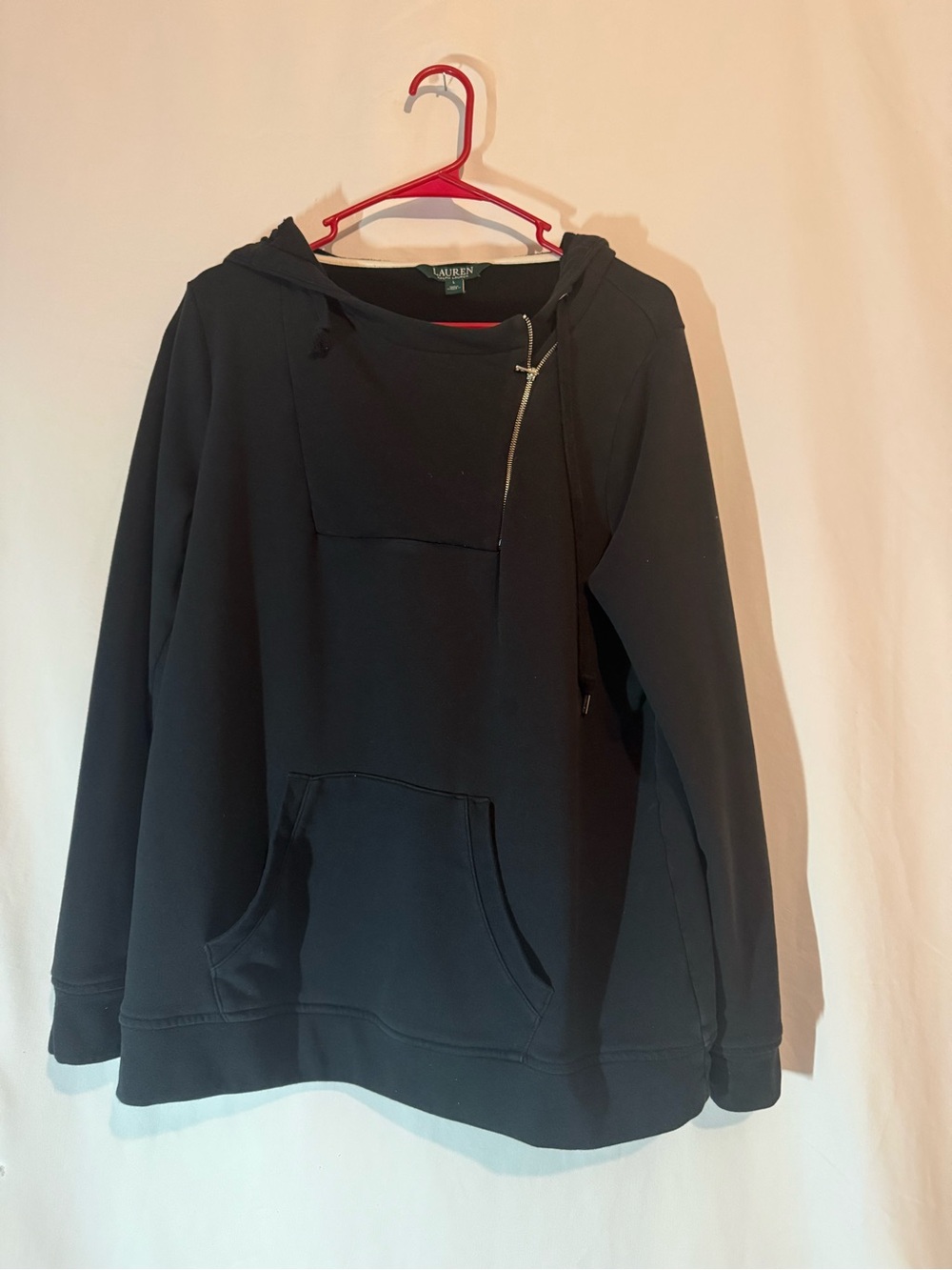 Lauren Ralph Lauren Hoodie Women L Black Asymmetrical Zip Pullover Sweatshirt